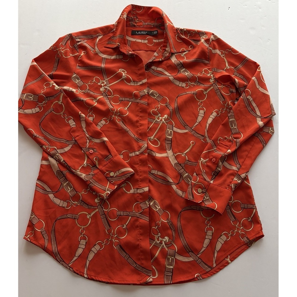Lauren Ralph Lauren Black Label Belting Print Shirt Women's Sz M Equestrian